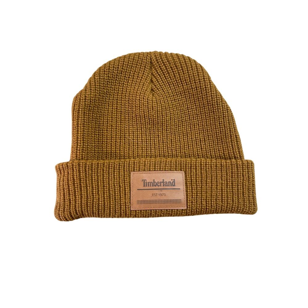 Timberland Beanie Hat One Size Brown Ribbed Knit Cuffed Logo Patch